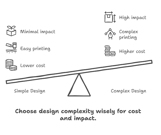 An infographic illustrating the balance between simple and complex packaging designs, highlighting how simple designs offer lower costs and easy printing while complex designs deliver higher impact with increased costs.