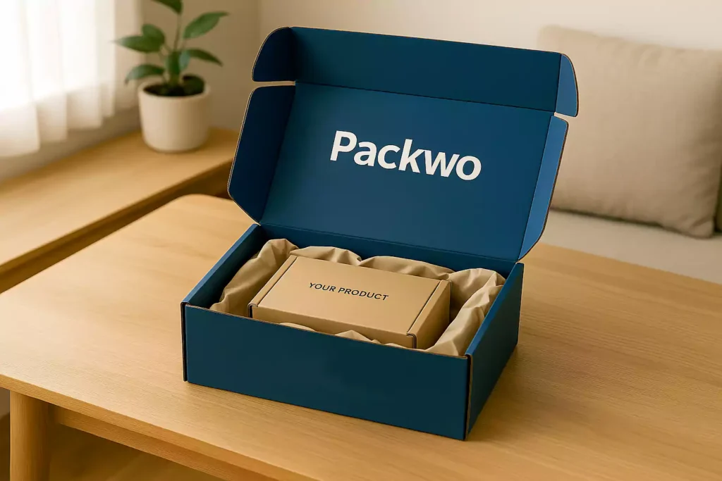 A blue custom mailer box branded with Packwo, featuring a smaller kraft box cushioned inside with protective paper, displayed on a wooden table.