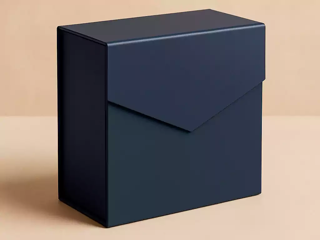 Luxury rigid gift box with envelope-style flap in dark navy color