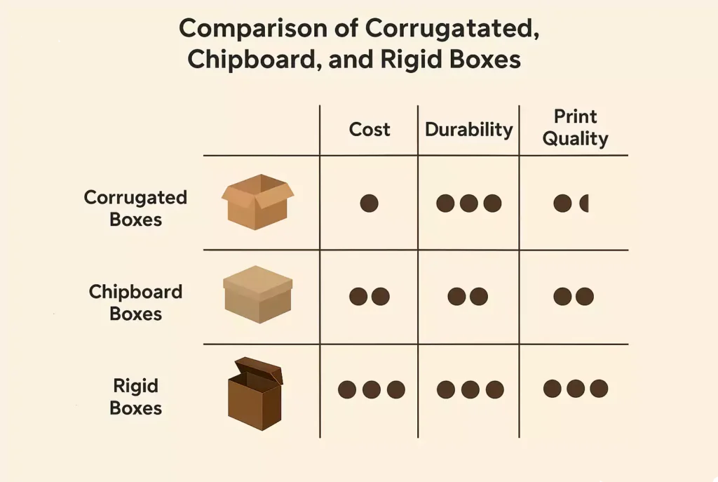 Comparison chart of corrugated, chipboard, and rigid boxes based on cost, durability, and print quality