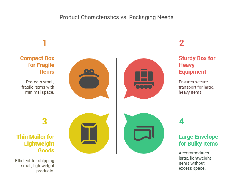 Infographic comparing packaging types for fragile, heavy, lightweight, and bulky items