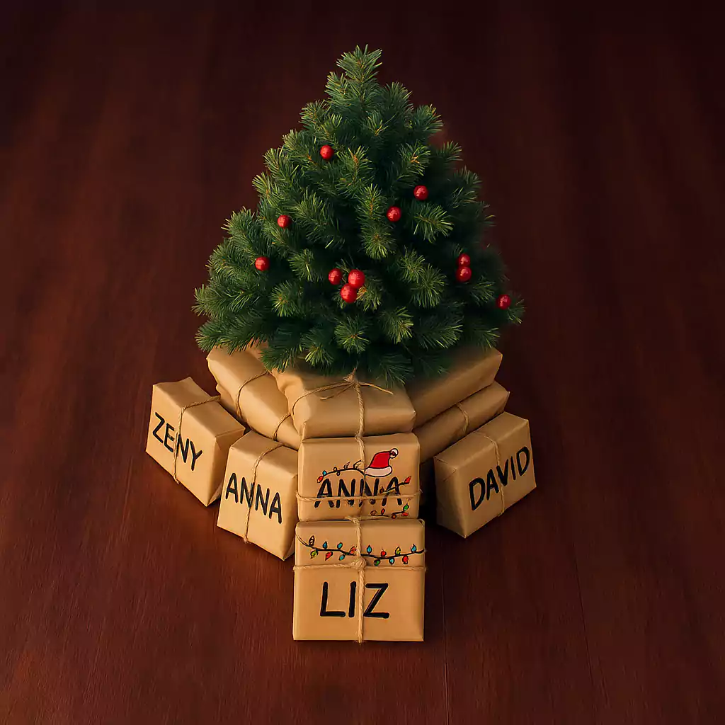 Mini Christmas tree surrounded by kraft-wrapped gift boxes labeled with names like Anna, Liz, David, and Zeny on a wooden floor