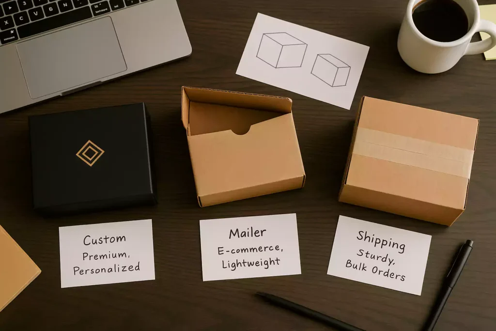 Three different types of boxes—custom rigid box, kraft mailer box, and corrugated shipping box—displayed on a desk with labels highlighting their uses