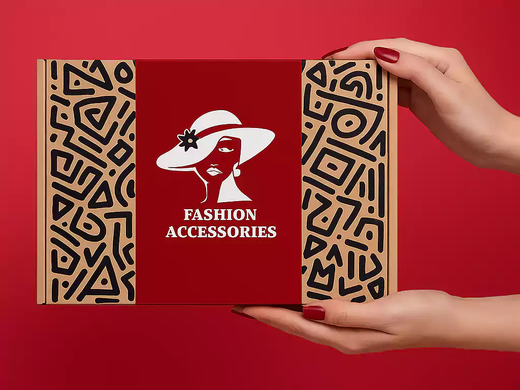 Hands holding a custom fashion accessories packaging box with bold red center, illustrated woman in hat, and abstract black patterns on kraft board sides