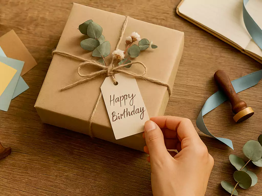 Hand placing a “Happy Birthday” tag on a kraft paper gift box tied with twine and decorated with eucalyptus leaves and cotton flowers