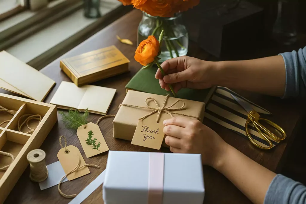 Hands wrapping a kraft paper gift box with jute twine, thank-you tag, and an orange flower for natural and eco-friendly packaging