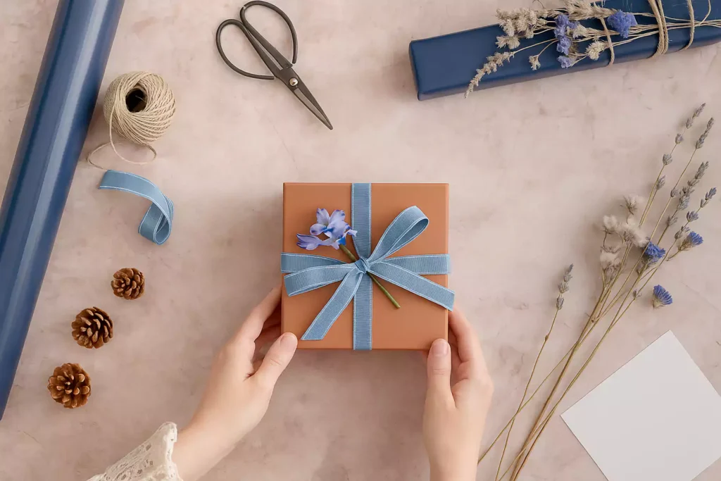 Hands holding a brown gift box tied with a blue ribbon and decorated with a small blue flower, surrounded by wrapping tools and dried flowers