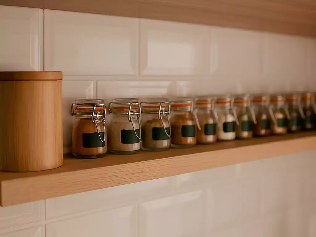 A row of small glass spice jars with clamp lids neatly arranged on a wooden kitchen shelf against a white tile backsplash