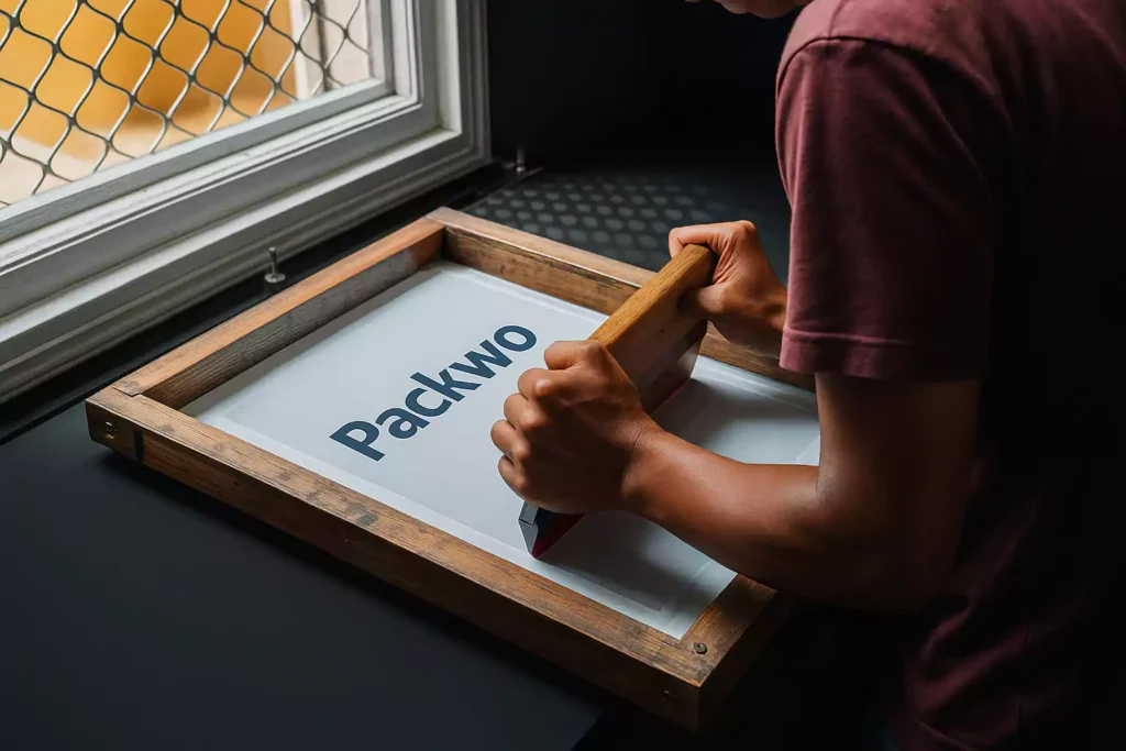 A person screen printing the Packwo logo onto a surface using a wooden frame and squeegee near a window