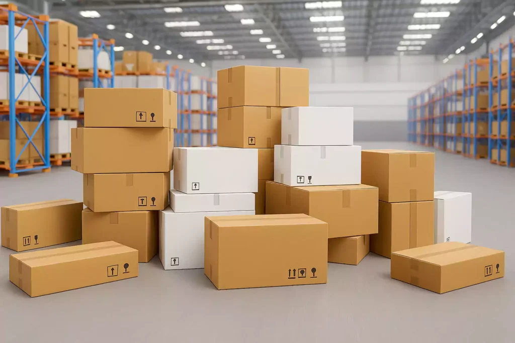 A variety of brown and white corrugated shipping boxes stacked on the floor of a large warehouse with high shelves and industrial lighting