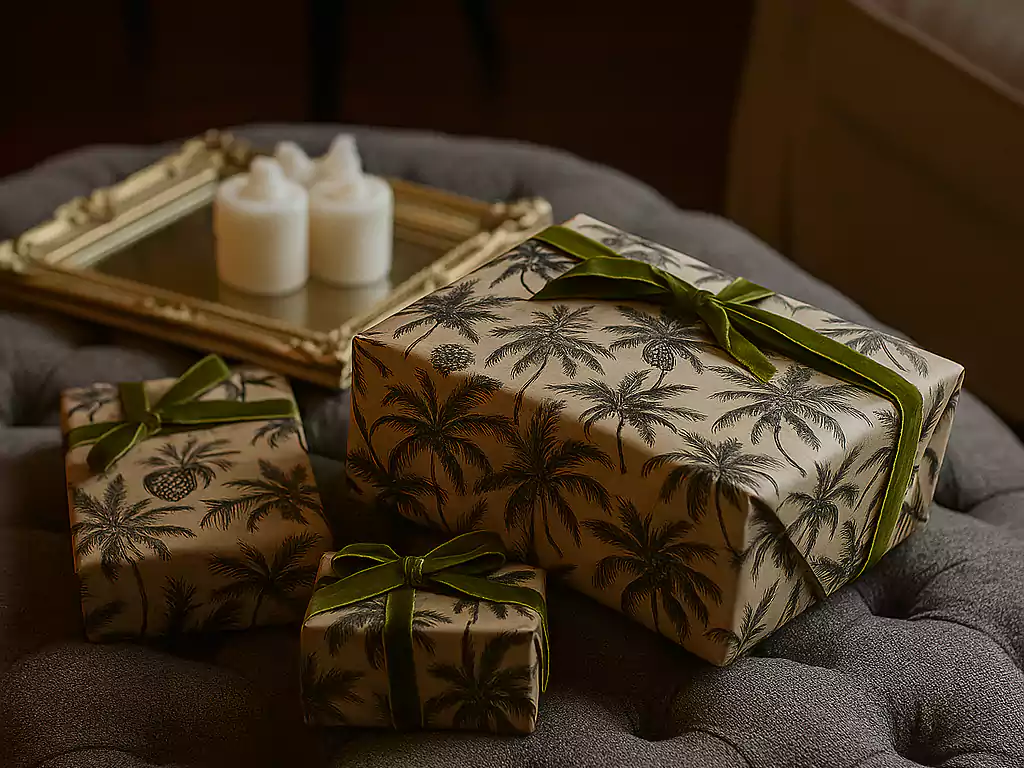 Three luxury gift boxes wrapped in tropical palm tree paper with green velvet ribbons, placed on a tufted gray ottoman near a gold tray with candles