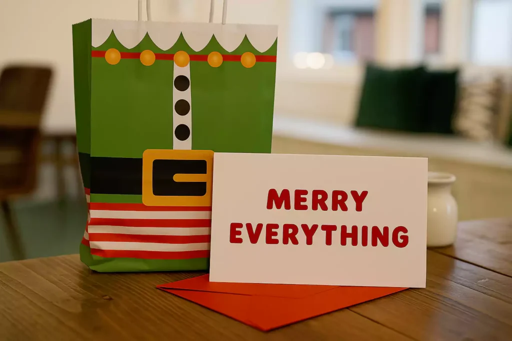 Christmas-themed gift bag with green elf design and a greeting card that says "Merry Everything"