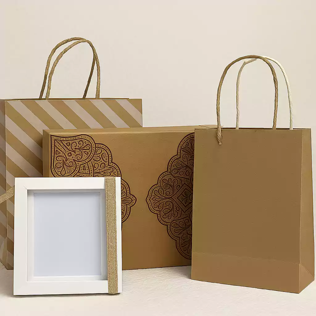 Kraft paper shopping bags and gift boxes with decorative patterns, displayed with a white photo frame