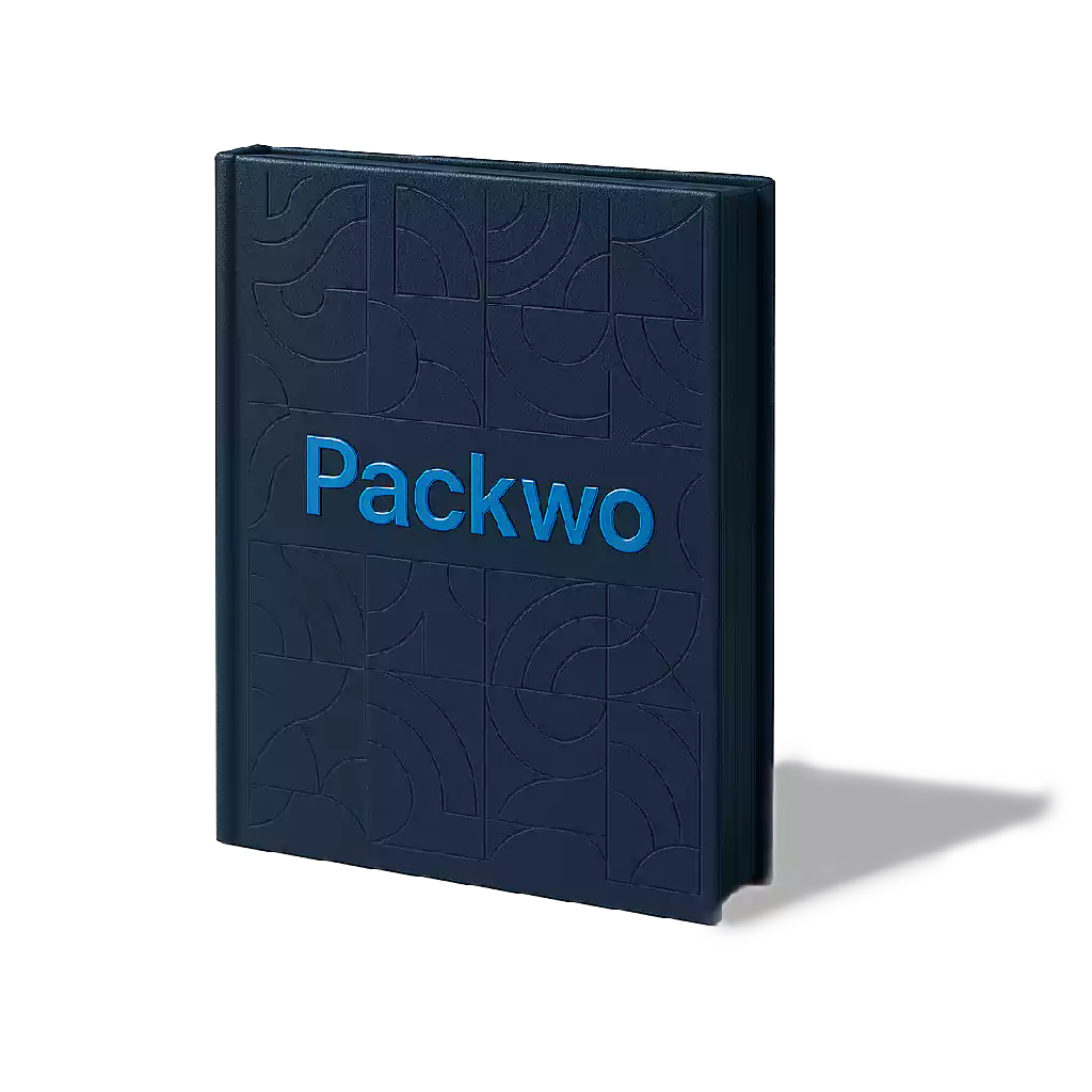 Packwo branded dark blue catalog with embossed geometric pattern on cover