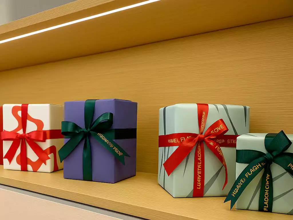 Four gift boxes with colorful wrapping and satin ribbons on a wooden shelf