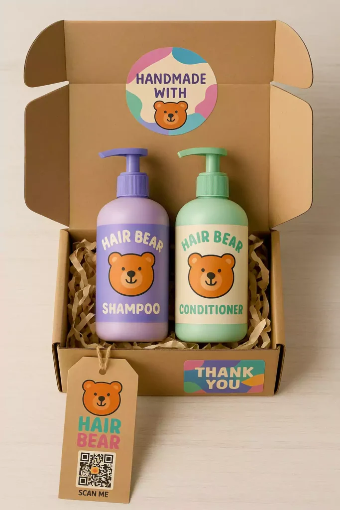 Colorful custom packaging with bear-themed branding for Hair Bear shampoo and conditioner bottles in a kraft paper mailer box, labeled “Handmade with love” and “Thank you”