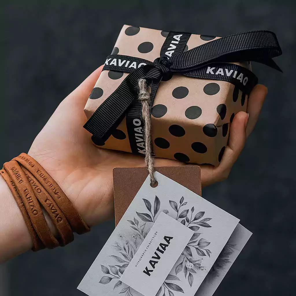 A stylish kraft paper gift box with black polka dots and custom KAVIAA ribbon, held in hand with branded leather bracelets and a floral printed thank-you card